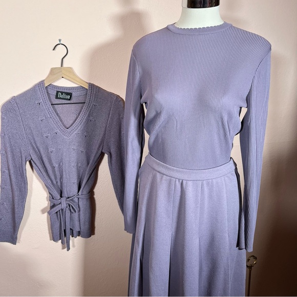 Vintage 1960 1970 ILGWU Lavender Feminine Tie waist Three Piece knit Skirt set